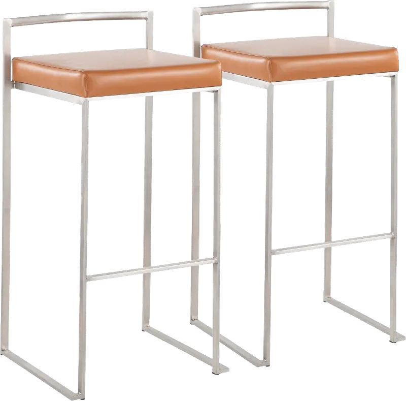 Fuji Low Back Stainless & Camel Faux Leather Barstools, Set of 2