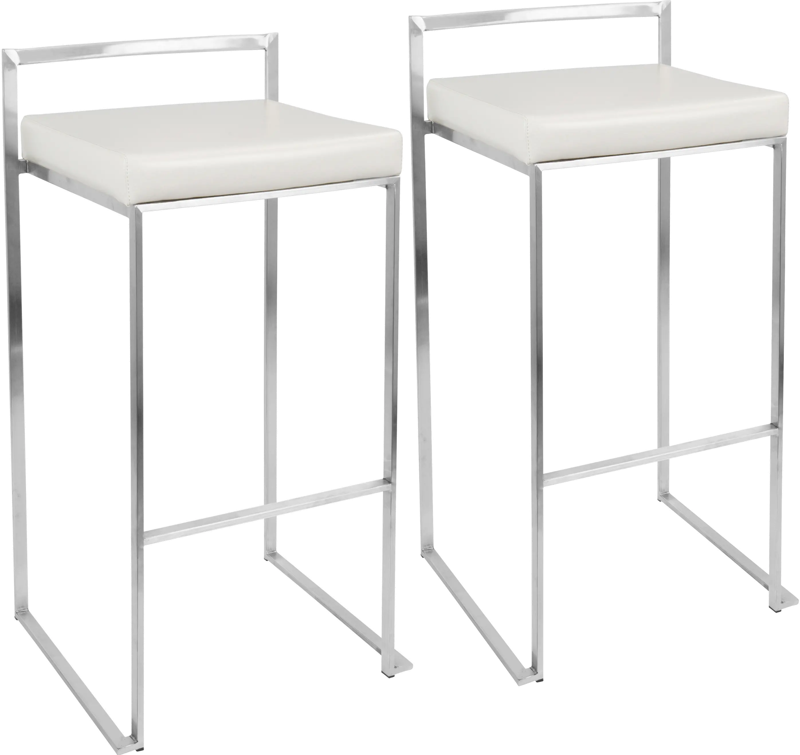 BS-FUJI W2 Fuji Low Back Stainless & White Faux Leather Barstools, Set of 2-1