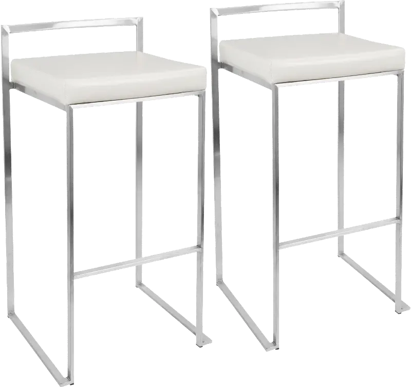Fuji Low Back Stainless & White Faux Leather Barstools, Set of 2