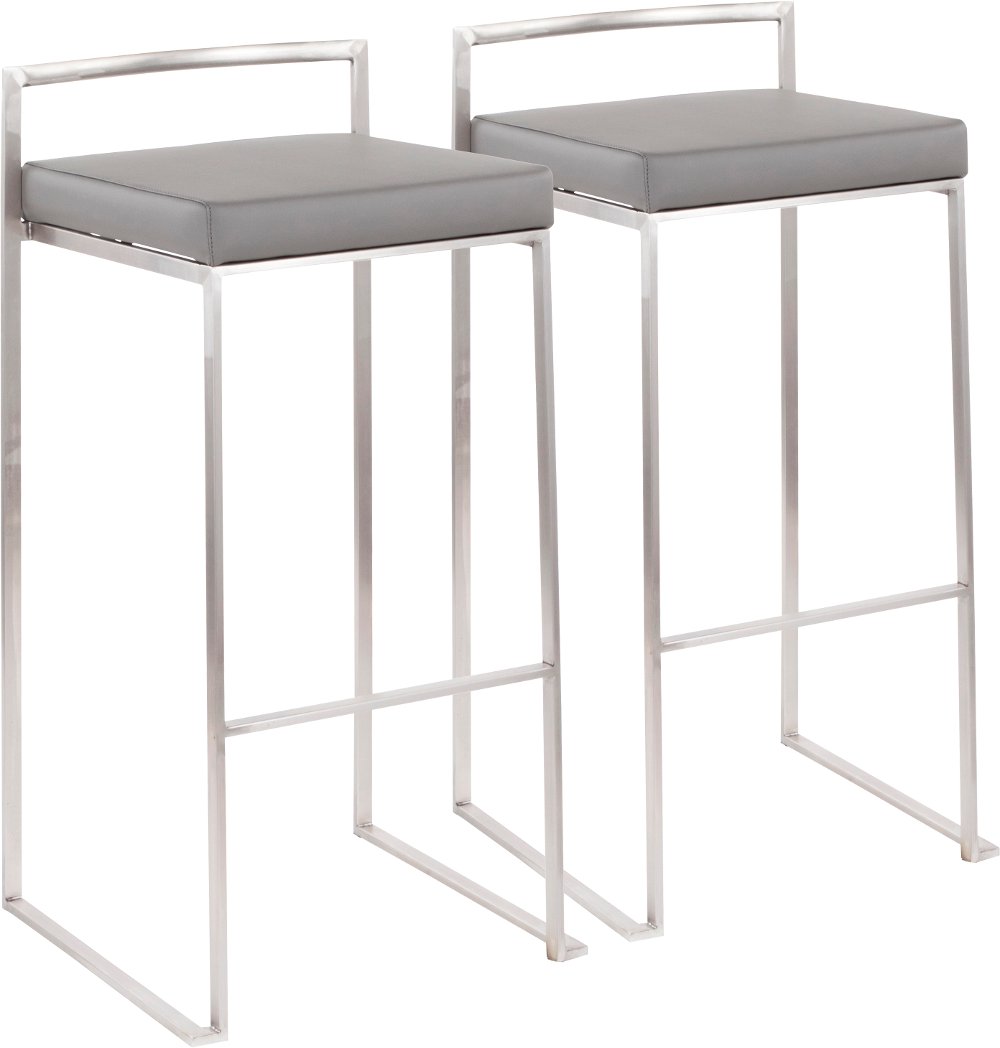 Fuji Low Back Stainless & Gray Faux Leather Barstools Set of 2