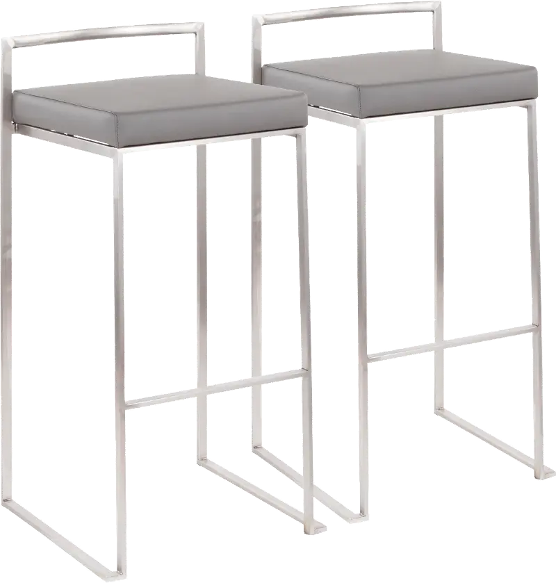 Fuji Low Back Stainless & Gray Faux Leather Barstools, Set of 2