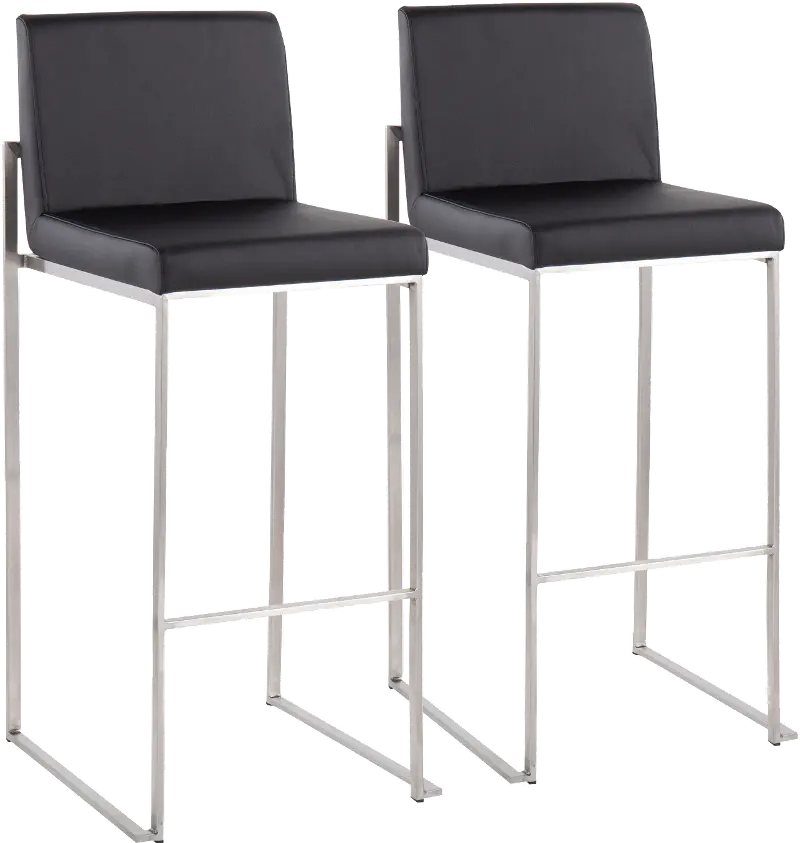 Fuji High Back Stainless & Black Faux Leather Barstools, Set of 2