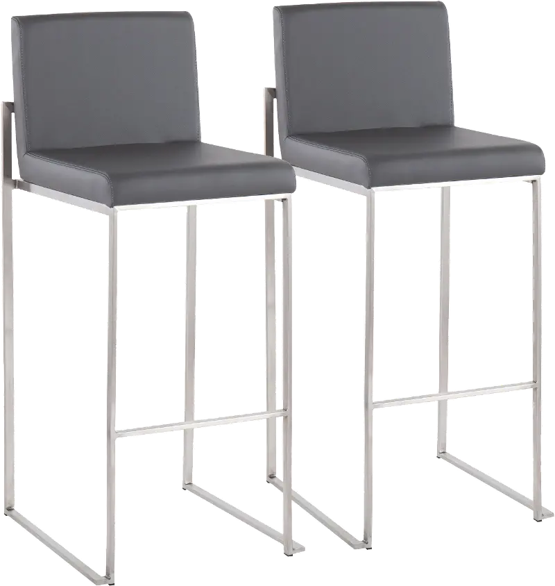 Fuji High Back Stainless & Gray Faux Leather Barstools, Set of 2