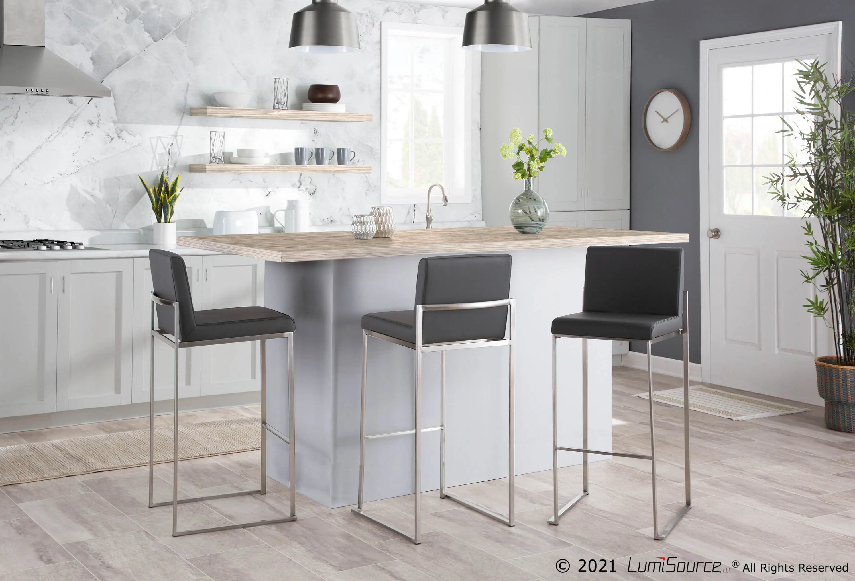 B30-FUJIHB SSGY2 Fuji High Back Stainless & Gray Faux Leather Barstools, Set of 2-2