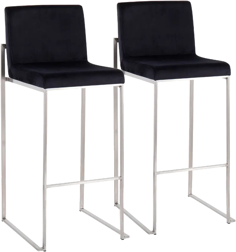 Fuji High Back Stainless & Black Velvet Barstools, Set of 2