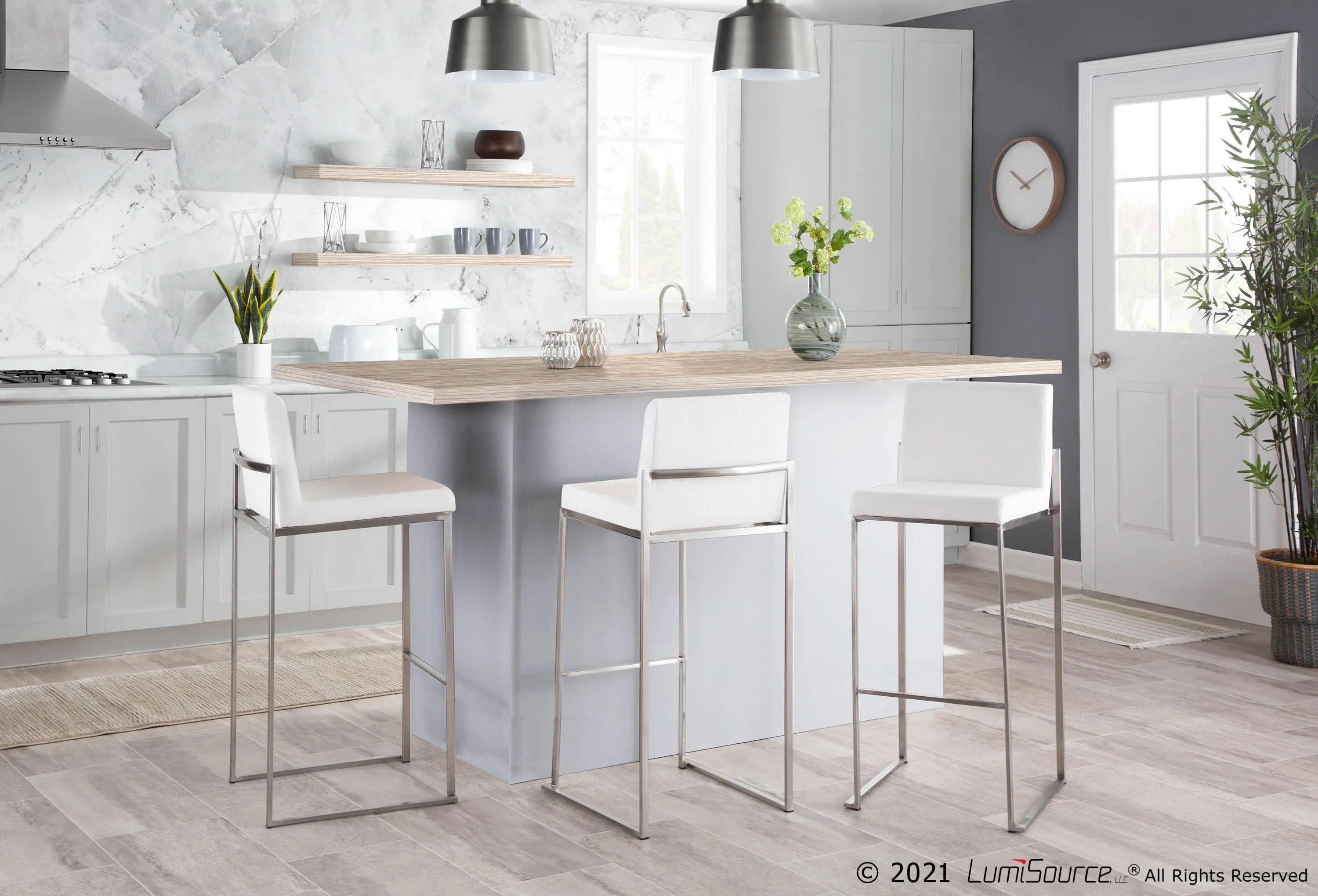B30-FUJIHB SSVW2 Fuji High Back Stainless & White Velvet Barstools, Set of 2-2