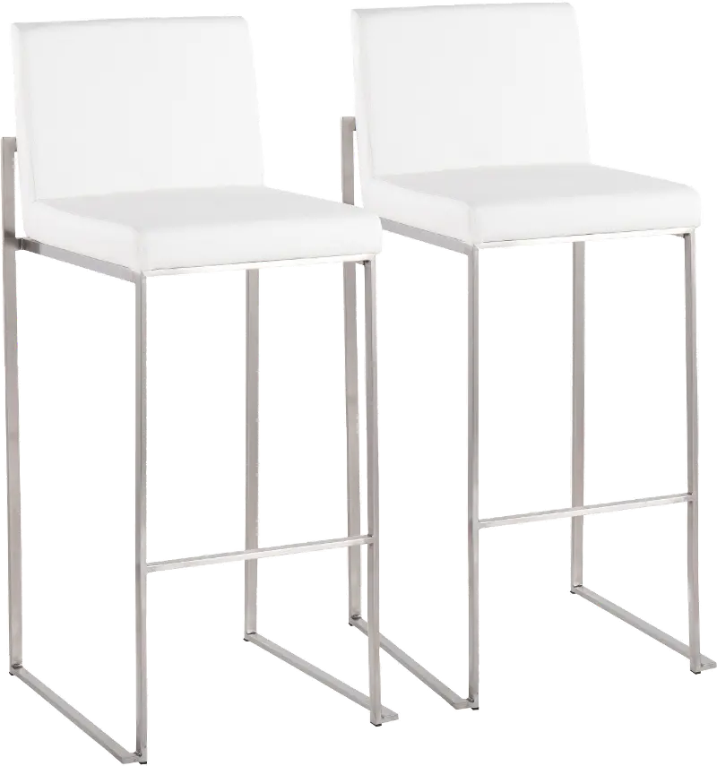Fuji High Back Stainless & White Faux Leather Barstools, Set of 2