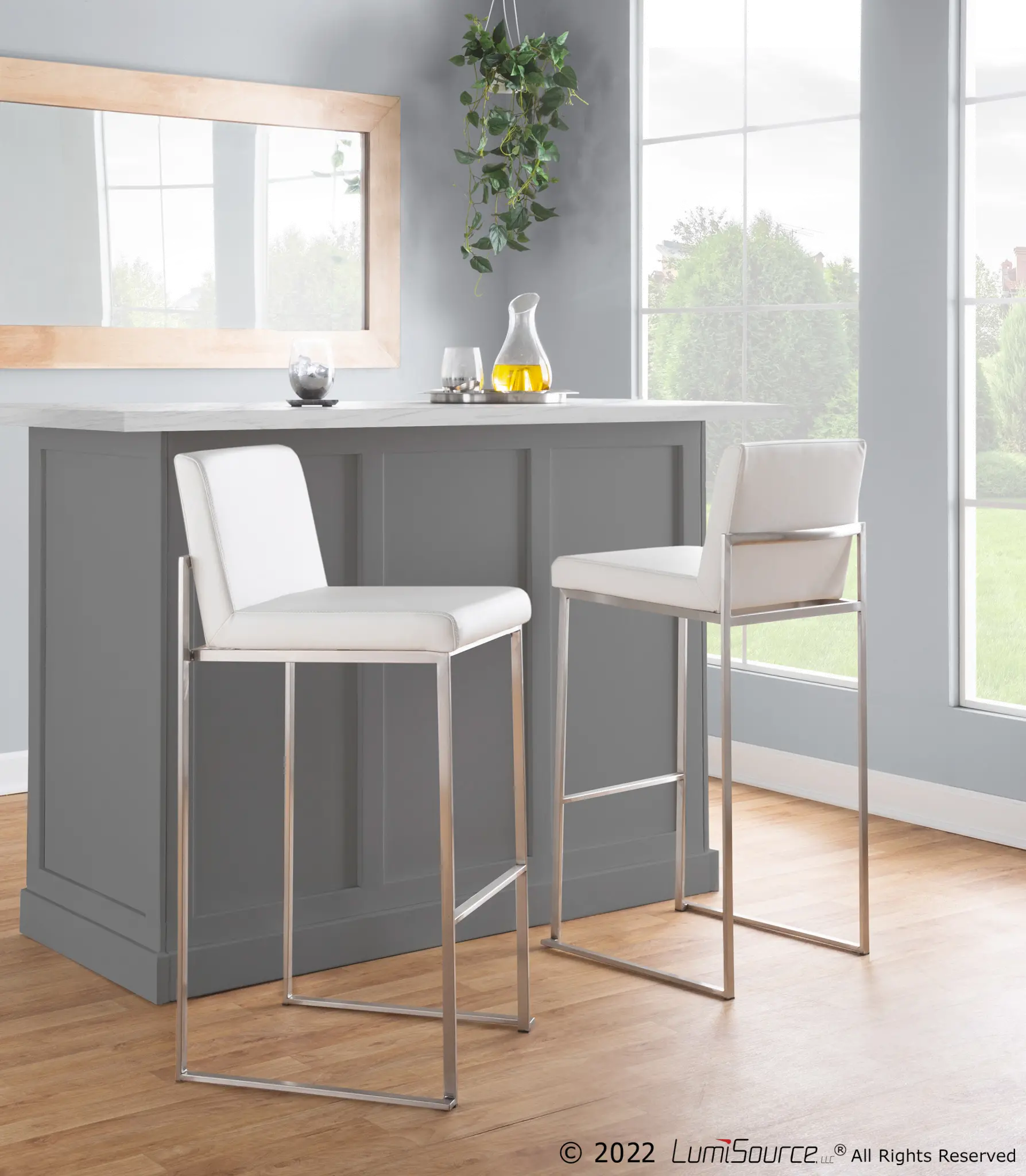B30-FUJIHB SSW2 Fuji High Back Stainless & White Faux Leather Barstools, Set of 2-2