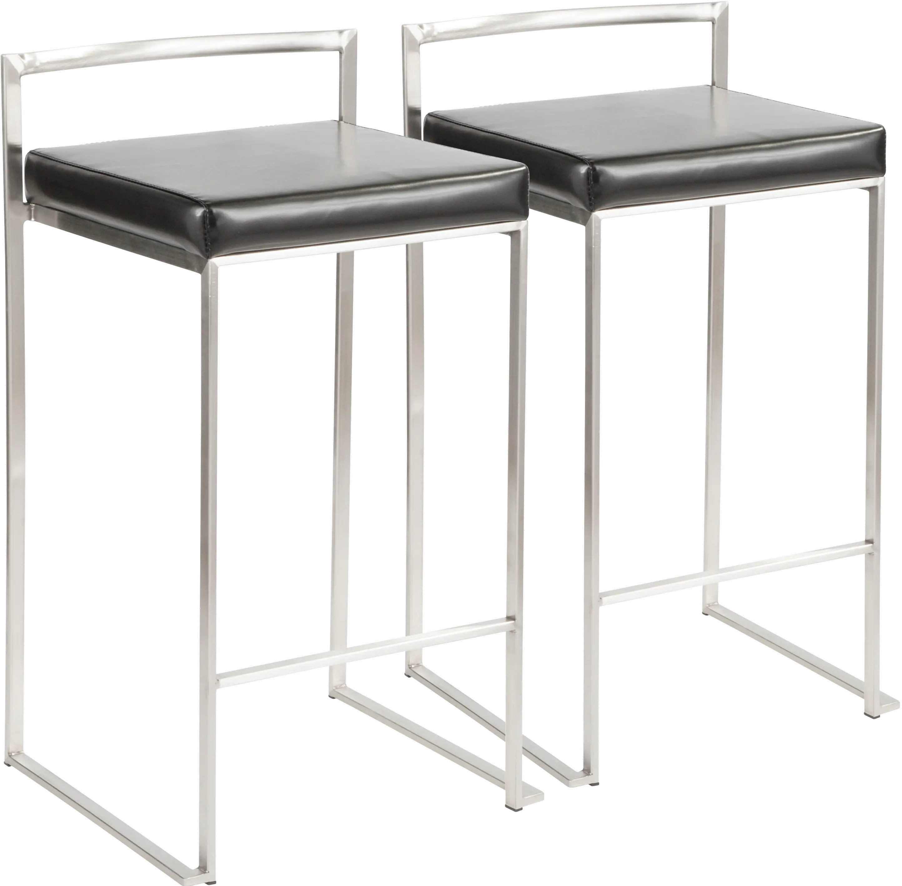 CS-FUJI BK2 Fuji Low Back Stainless & Black Faux Leather Counter Stools, Set of 2-1