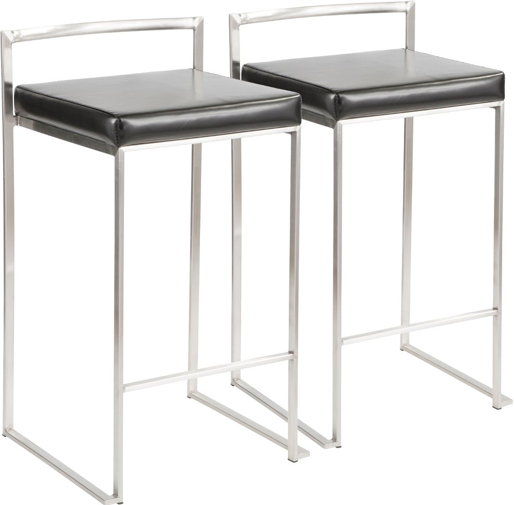 Fuji Low Back Stainless & Black Faux Leather Counter Stools Set of 2