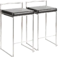 CS-FUJI BK2 Fuji Low Back Stainless & Black Faux Leather Counter Stools, Set of 2