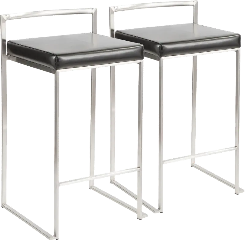 Fuji Low Back Stainless & Black Faux Leather Counter Stools, Set of 2