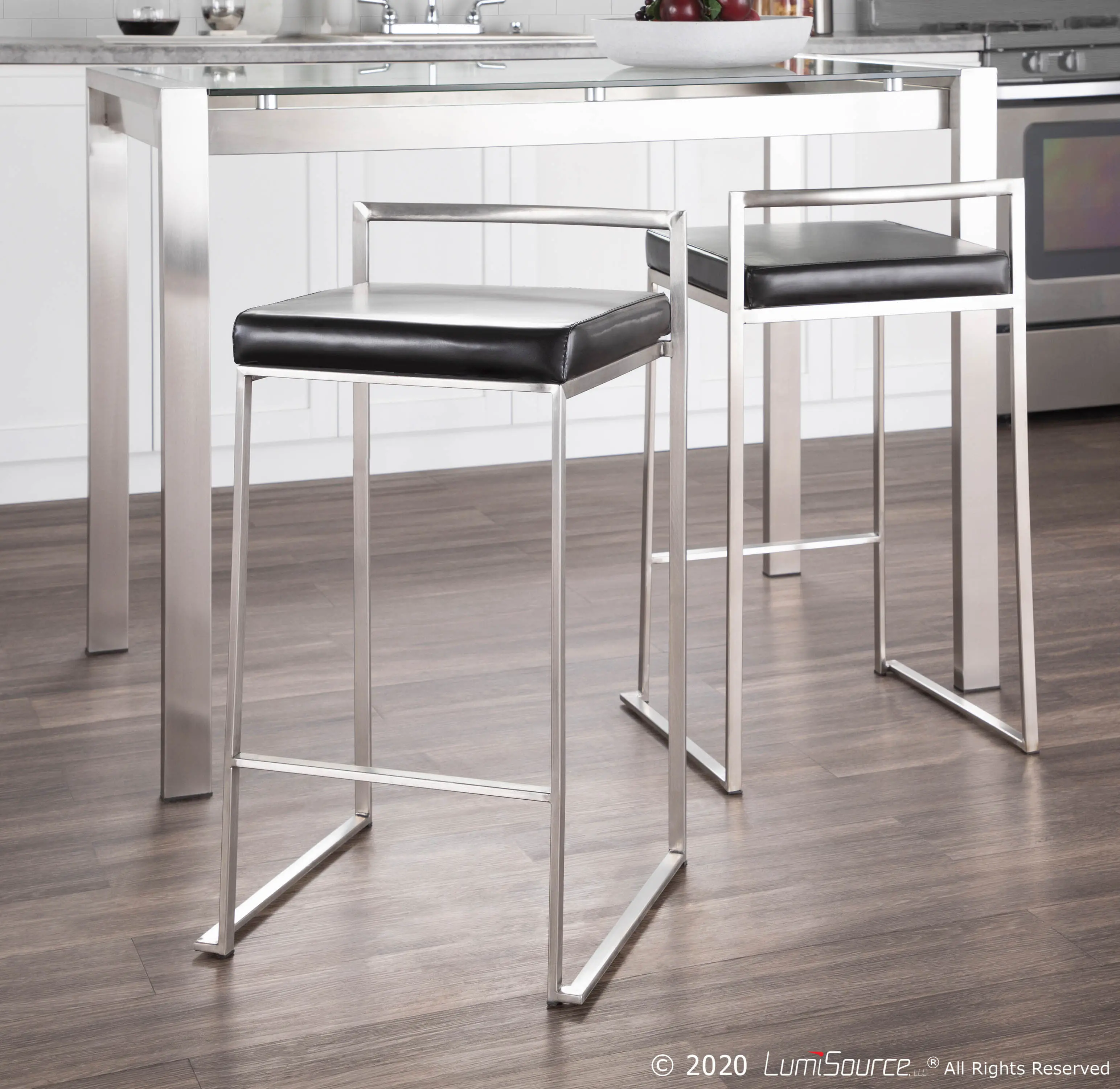CS-FUJI BK2 Fuji Low Back Stainless & Black Faux Leather Counter Stools, Set of 2-2