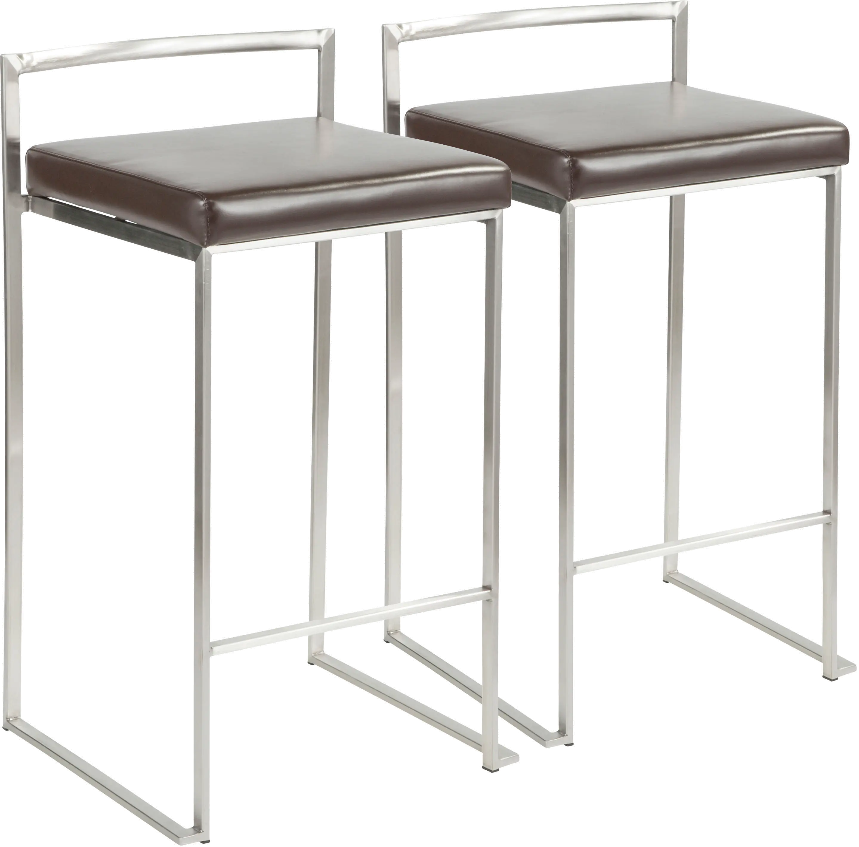 CS-FUJI BN2 Fuji Low Back Stainless & Brown Faux Leather Counter Stools, Set of 2-1