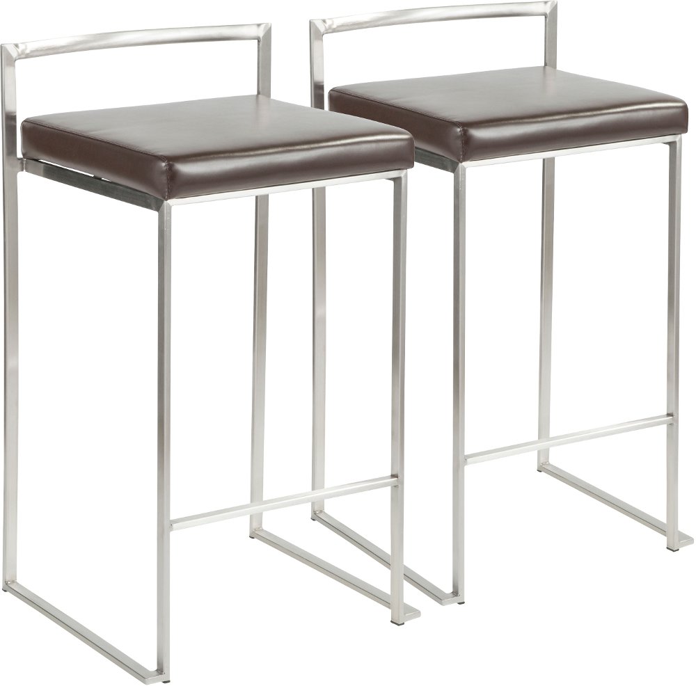 Fuji Low Back Stainless & Brown Faux Leather Counter Stools Set of 2