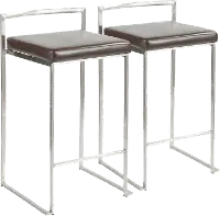 CS-FUJI BN2 Fuji Low Back Stainless & Brown Faux Leather Counter Stools, Set of 2