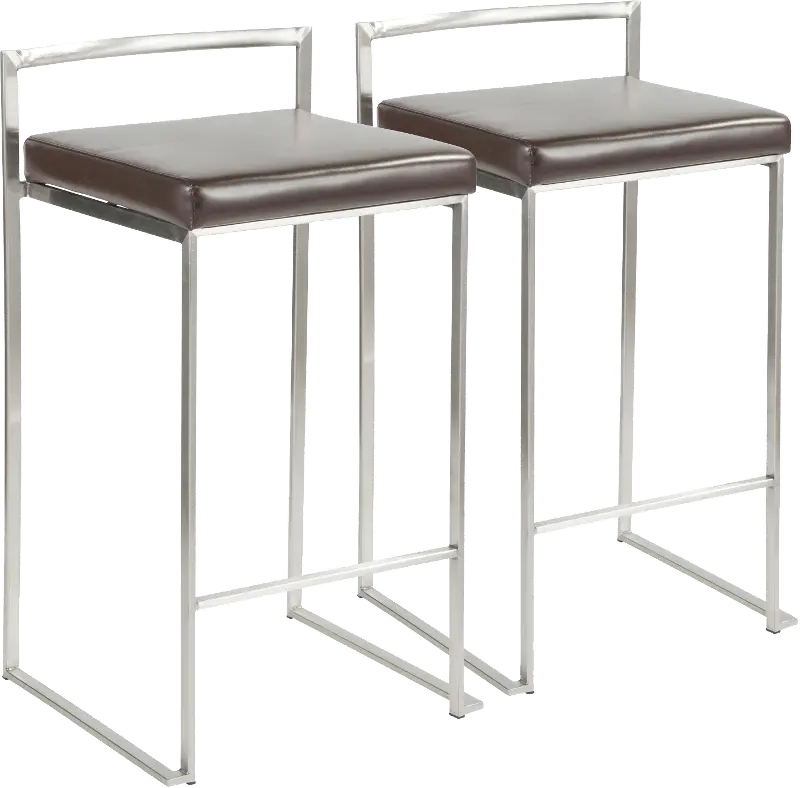 Fuji Low Back Stainless & Brown Faux Leather Counter Stools, Set of 2