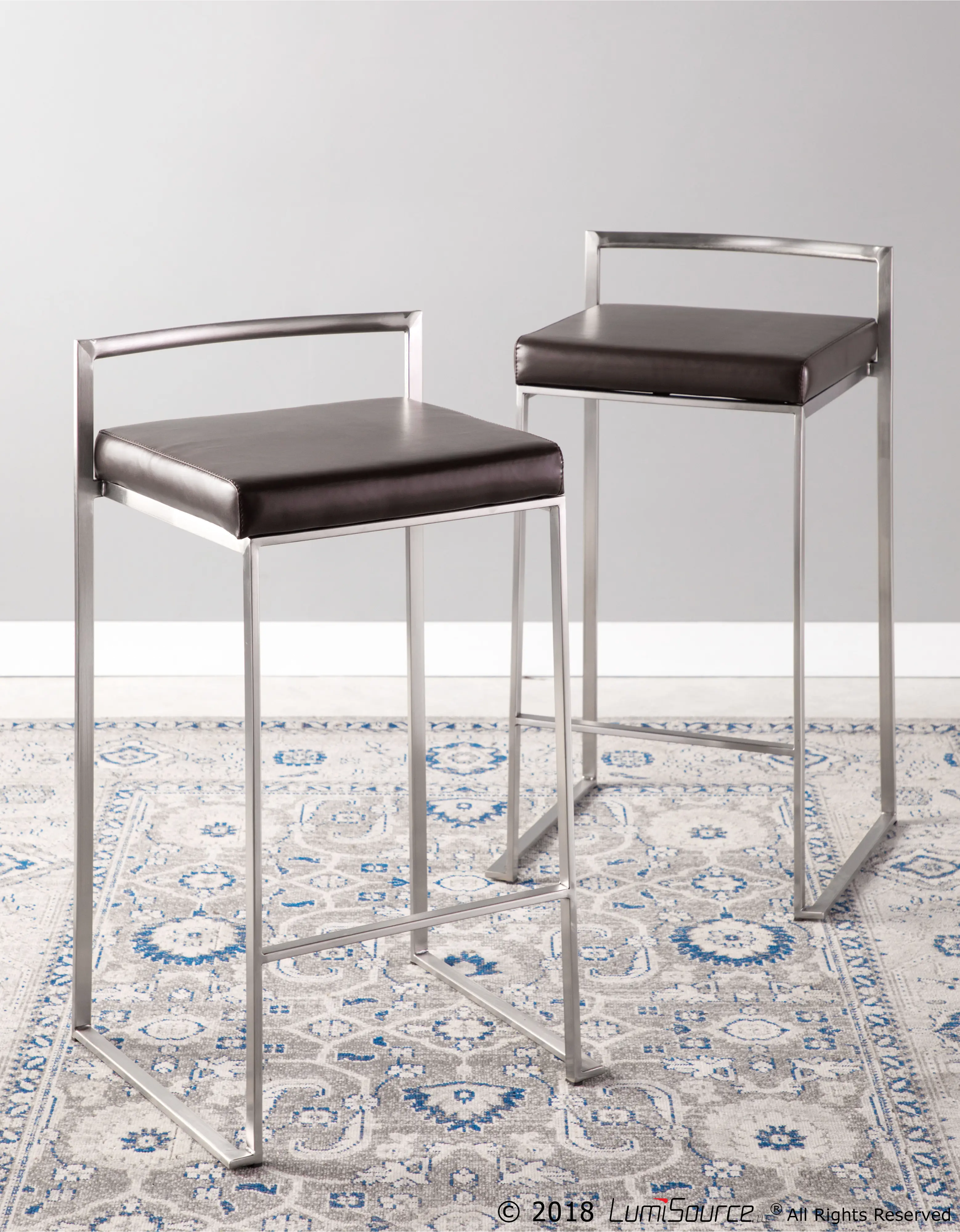 CS-FUJI BN2 Fuji Low Back Stainless & Brown Faux Leather Counter Stools, Set of 2-3