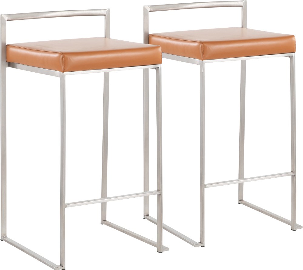 Fuji Low Back Stainless & Camel Faux Leather Counter Stools Set of 2