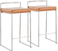 B26-FUJI CAM2 Fuji Low Back Stainless & Camel Faux Leather Counter Stools, Set of 2