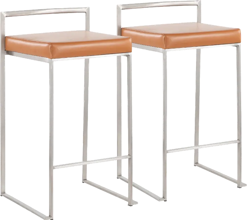Fuji Low Back Stainless & Camel Faux Leather Counter Stools, Set of 2
