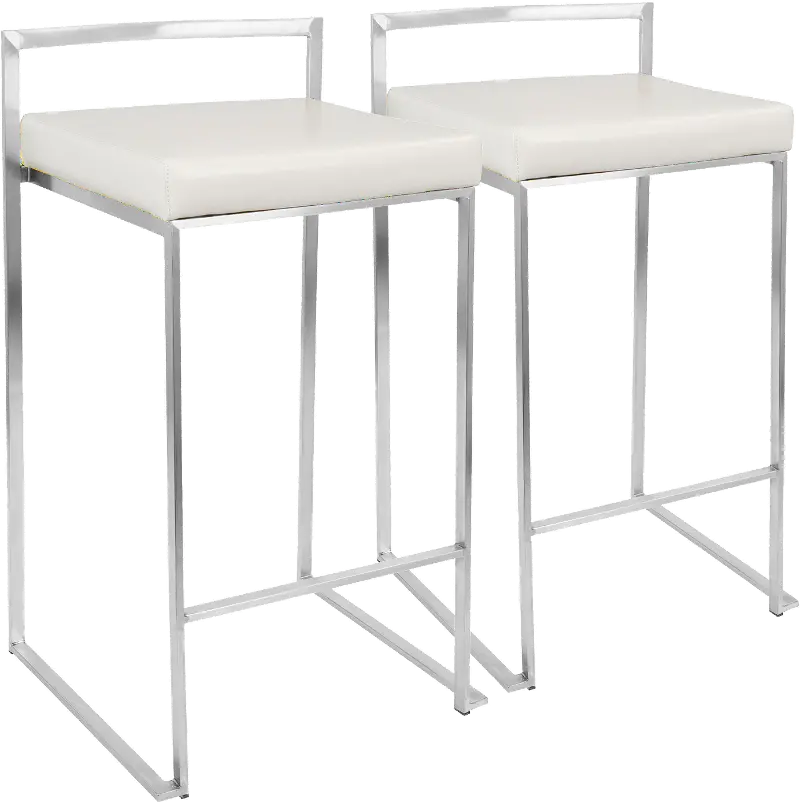 Fuji Low Back Stainless & White Faux Leather Counter Stools, Set of 2