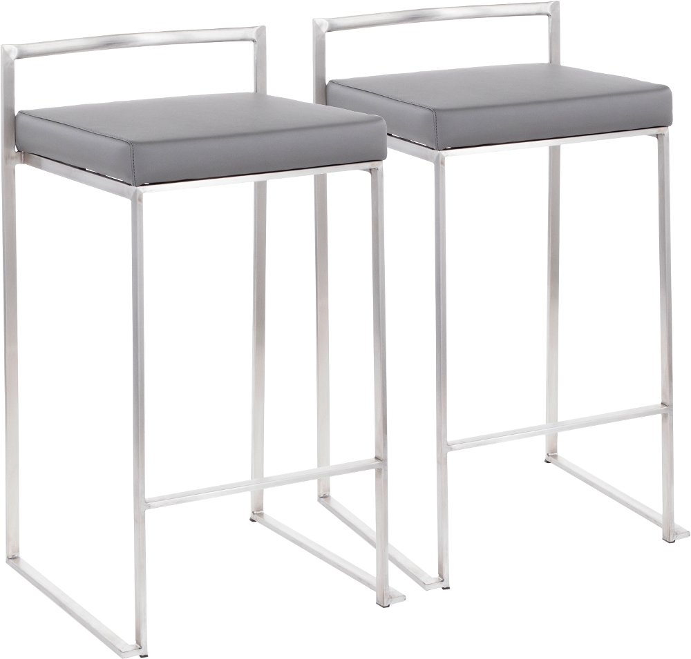 Fuji Low Back Stainless & Gray Faux Leather Counter Stools Set of 2
