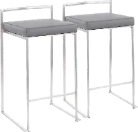 B26-FUJI GY2 Fuji Low Back Stainless & Gray Faux Leather Counter Stools, Set of 2