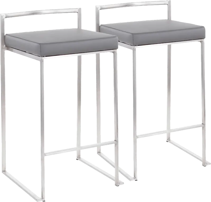 Fuji Low Back Stainless & Gray Faux Leather Counter Stools, Set of 2