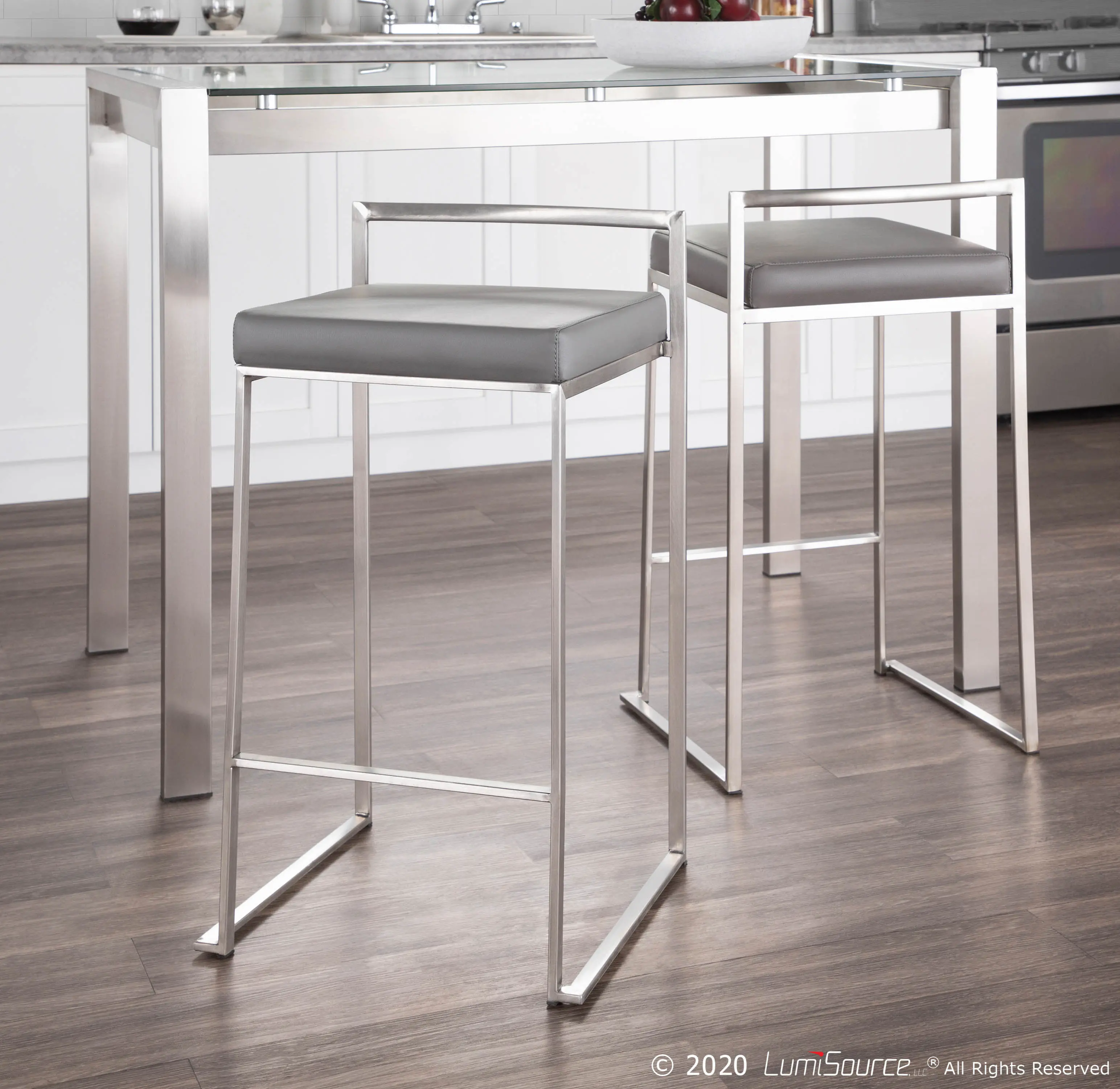 B26-FUJI GY2 Fuji Low Back Stainless & Gray Faux Leather Counter Stools, Set of 2-2