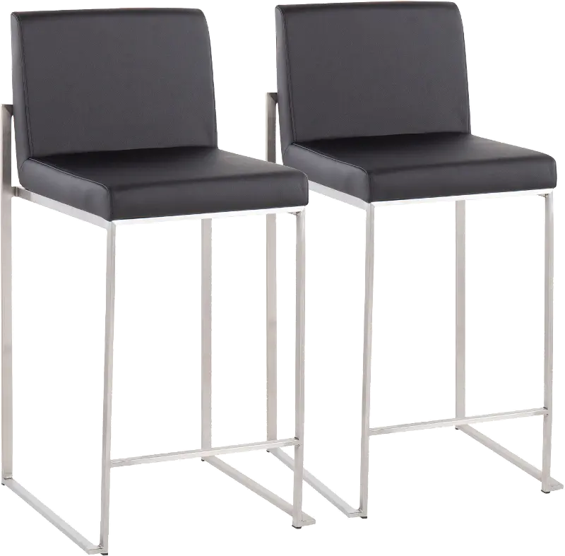 Fuji High Back Stainless & Black Faux Leather Counter Stools, Set of 2