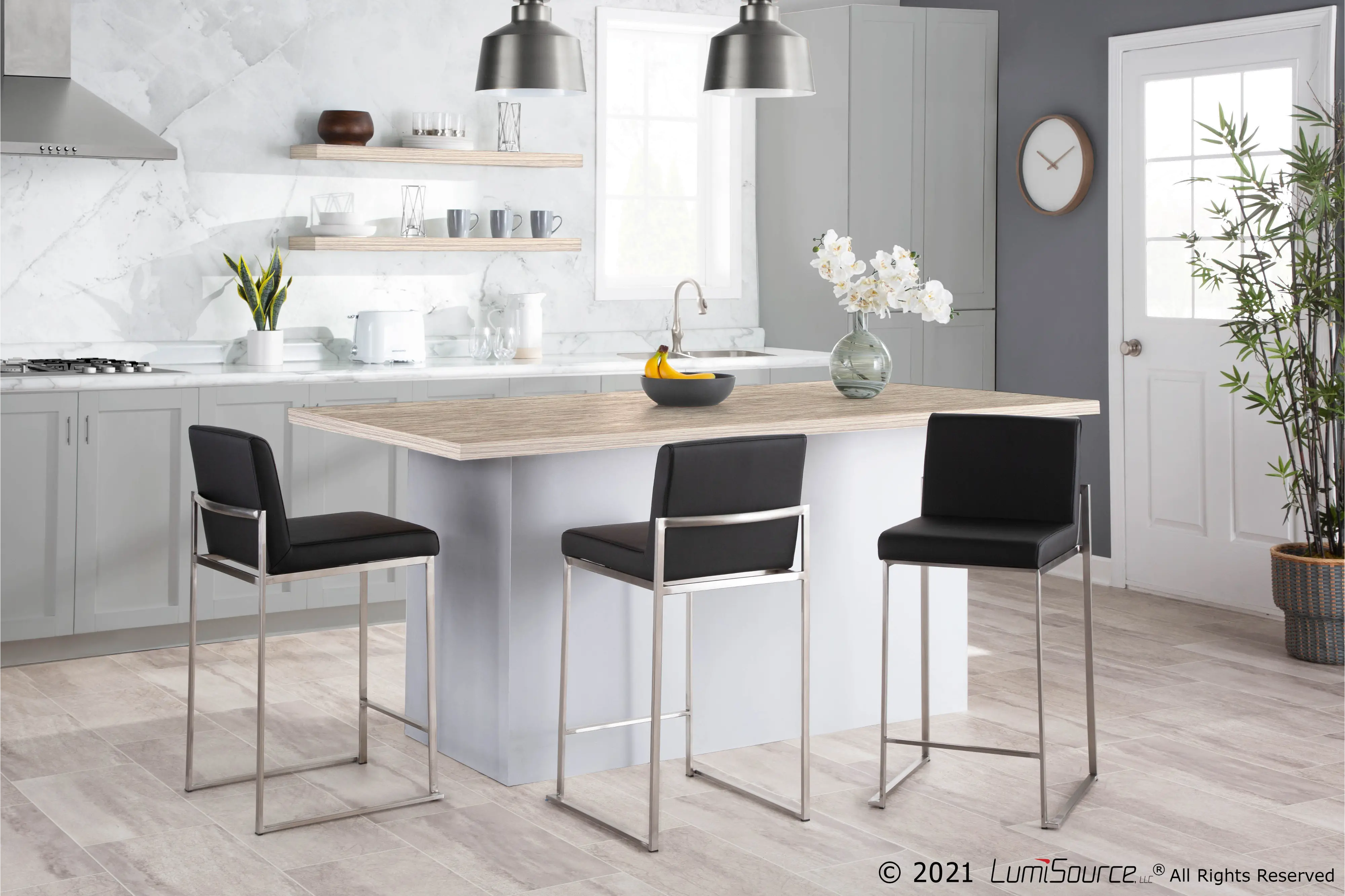 B26-FUJIHB SSBK2 Fuji High Back Stainless & Black Faux Leather Counter Stools, Set of 2-3