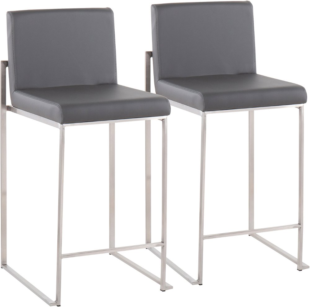 Fuji High Back Stainless & Gray Faux Leather Counter Stools Set of 2