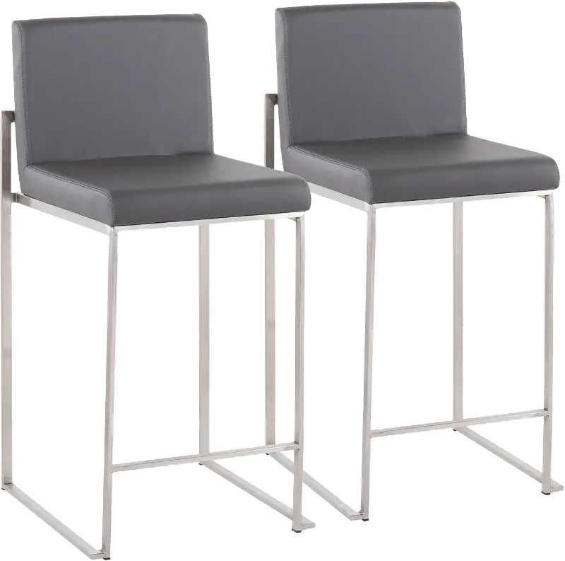 Fuji High Back Stainless & Gray Faux Leather Counter Stools, Set of 2