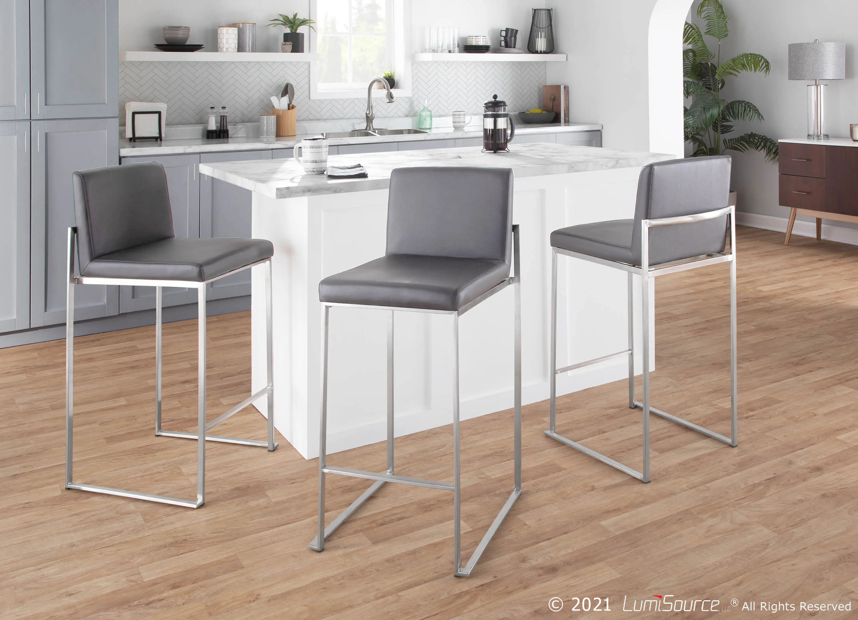 B26-FUJIHB SSGY2 Fuji High Back Stainless & Gray Faux Leather Counter Stools, Set of 2-2