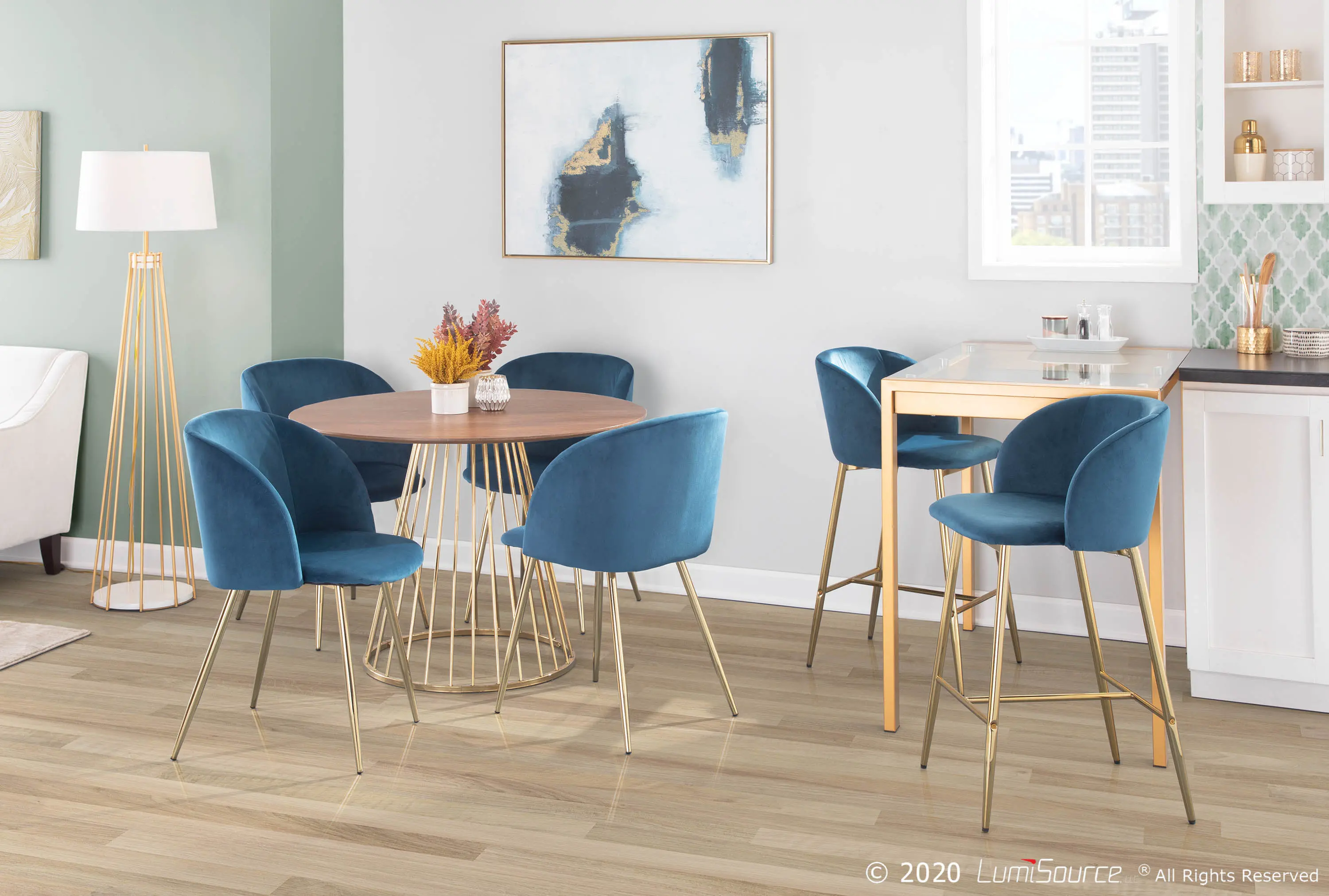 CH-FRAN AU+BU2 Fran Gold & Blue Velvet Glam Dining Chairs, Set of 2-2