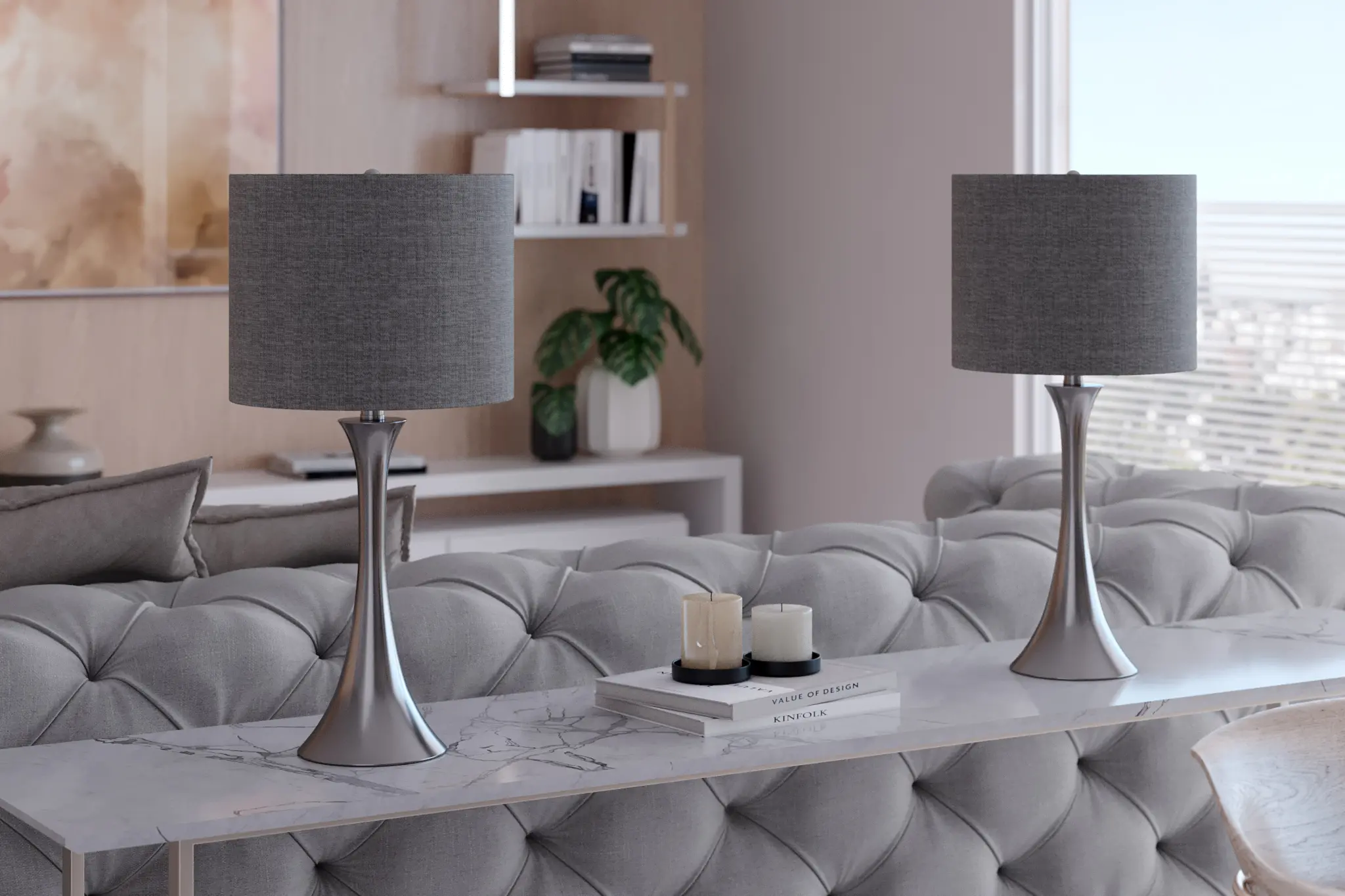 TL24-LENUXE-DBL NIGY2 Lenuxe Nickel Table Lamps with Gray Shades, Set of 2-2