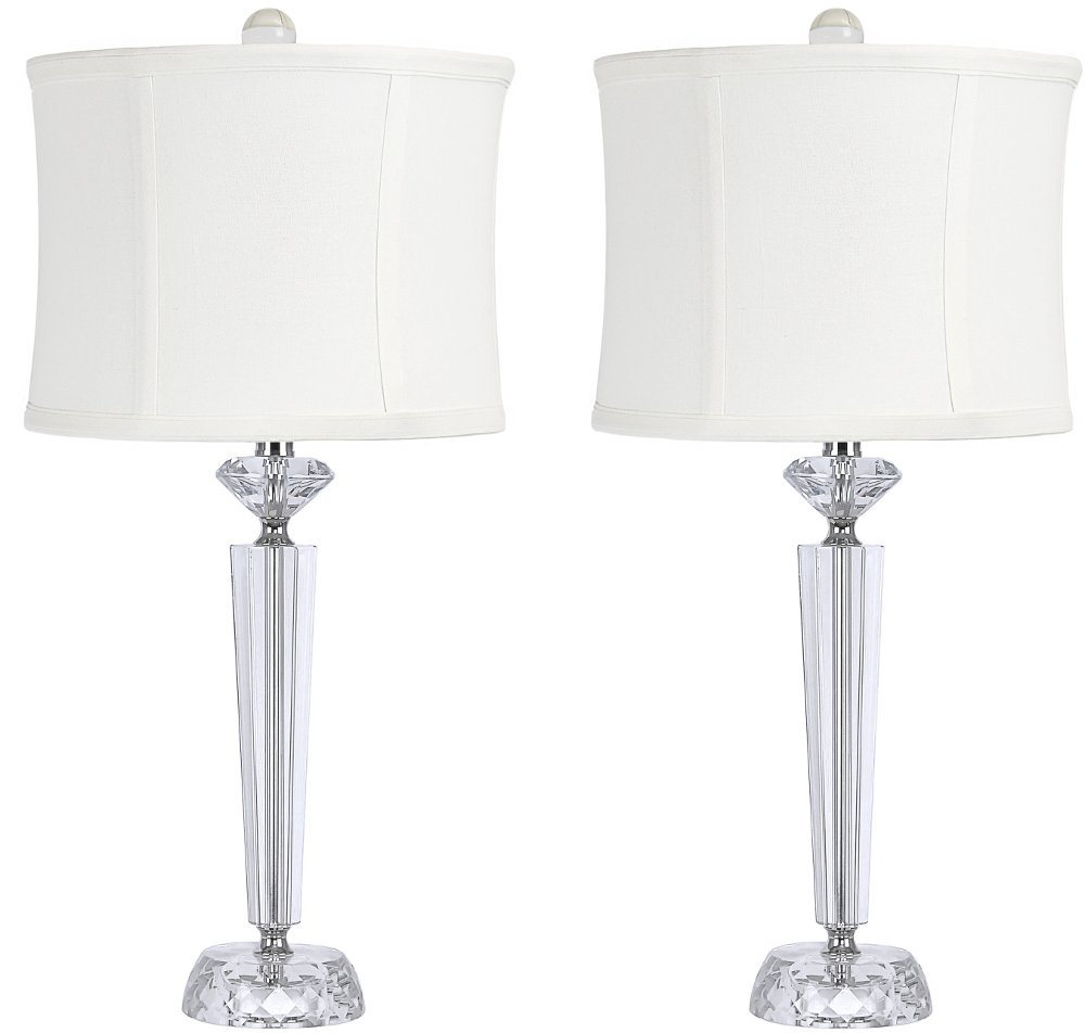 Diamond Pillar Table Lamps with Off-White Linen Shades Set of 2
