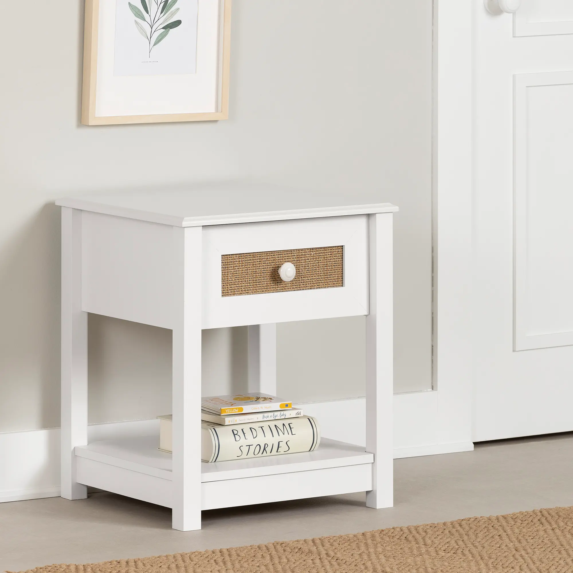 14377 Bloom White & Printed Rattan 1-Drawer Nightstand - South Shore-2