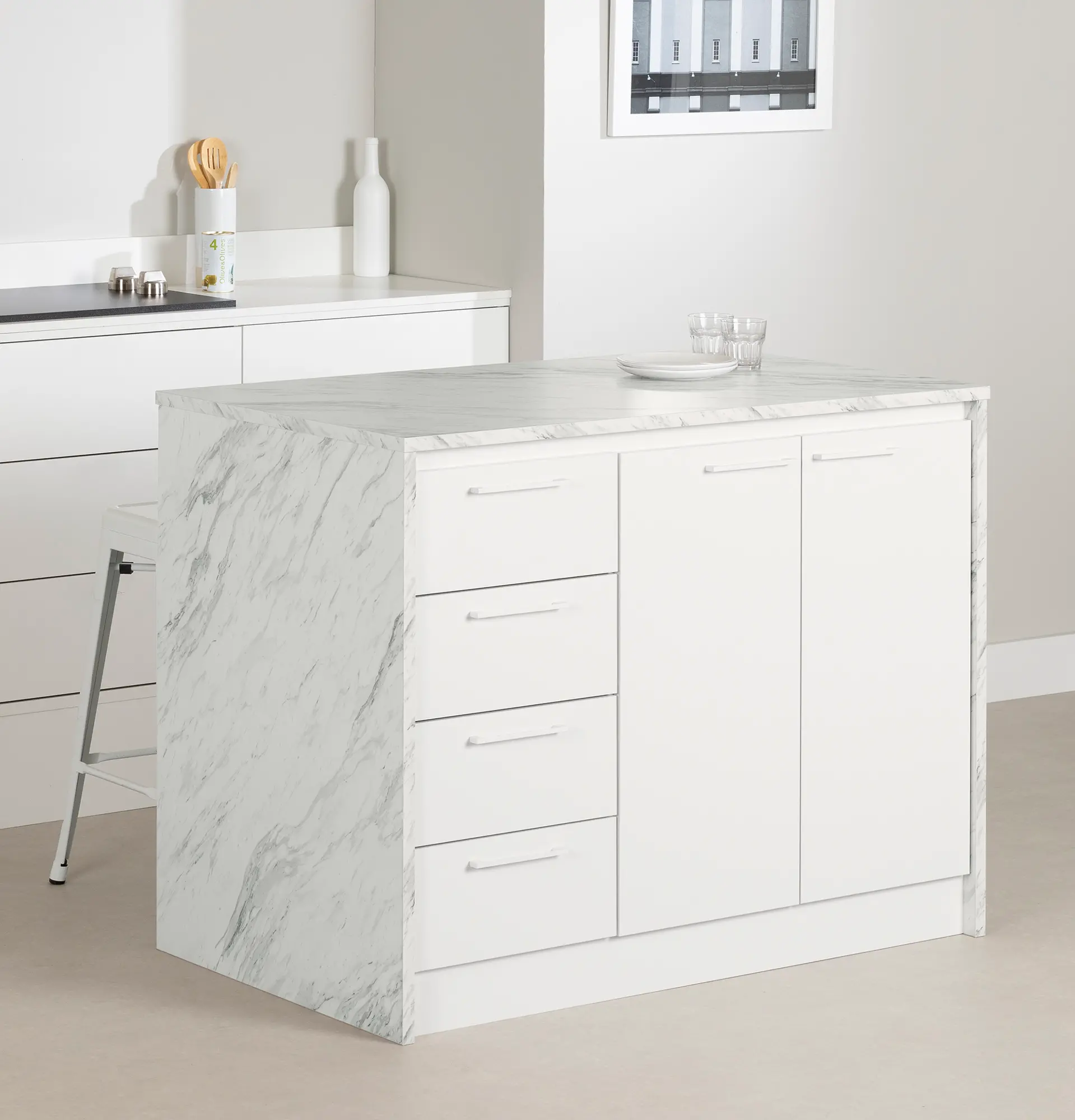 14596 Myro Faux White Marble and White Kitchen Island - South Shore-2