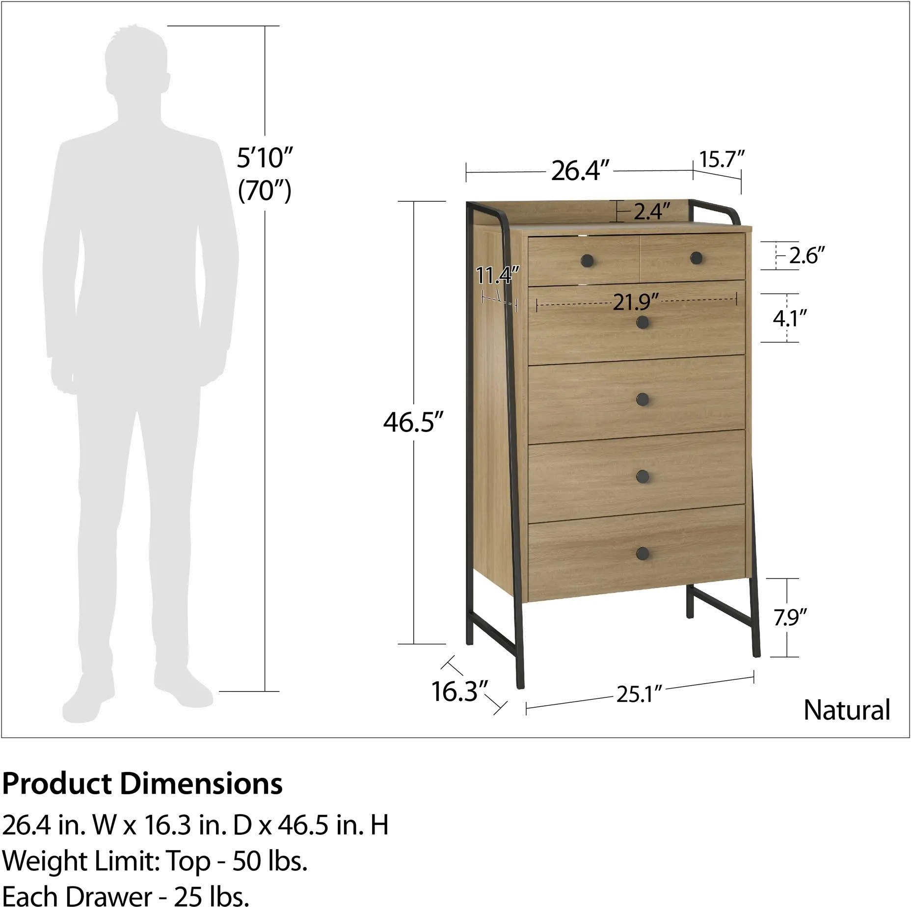 Bushwick Natural 5 Drawer Chest of Drawers-7