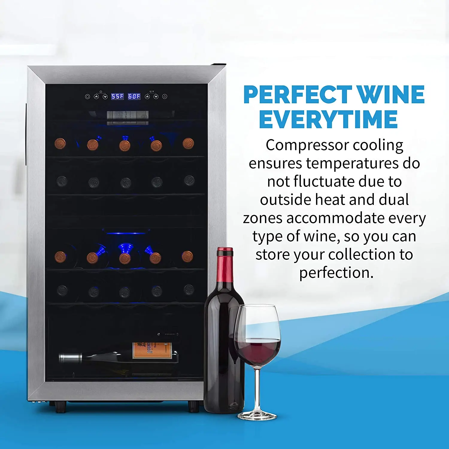 NWC028SS01 NewAir 28 Bottle Freestanding Dual Zone Compressor Wine Fridge - Stainless Steel-8