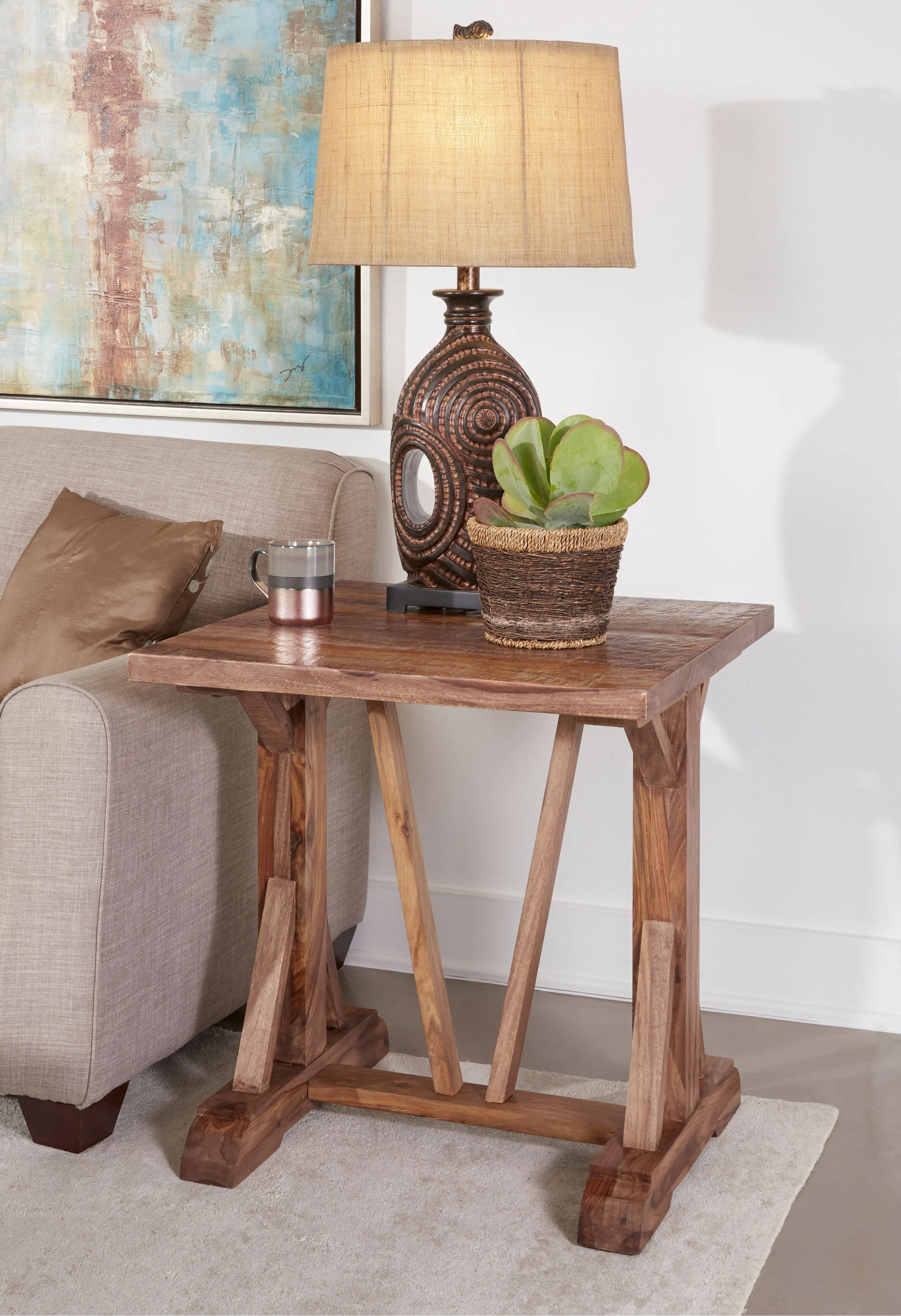 73340 Brownstone Rustic Brown Accent Table with Trestle Base-2