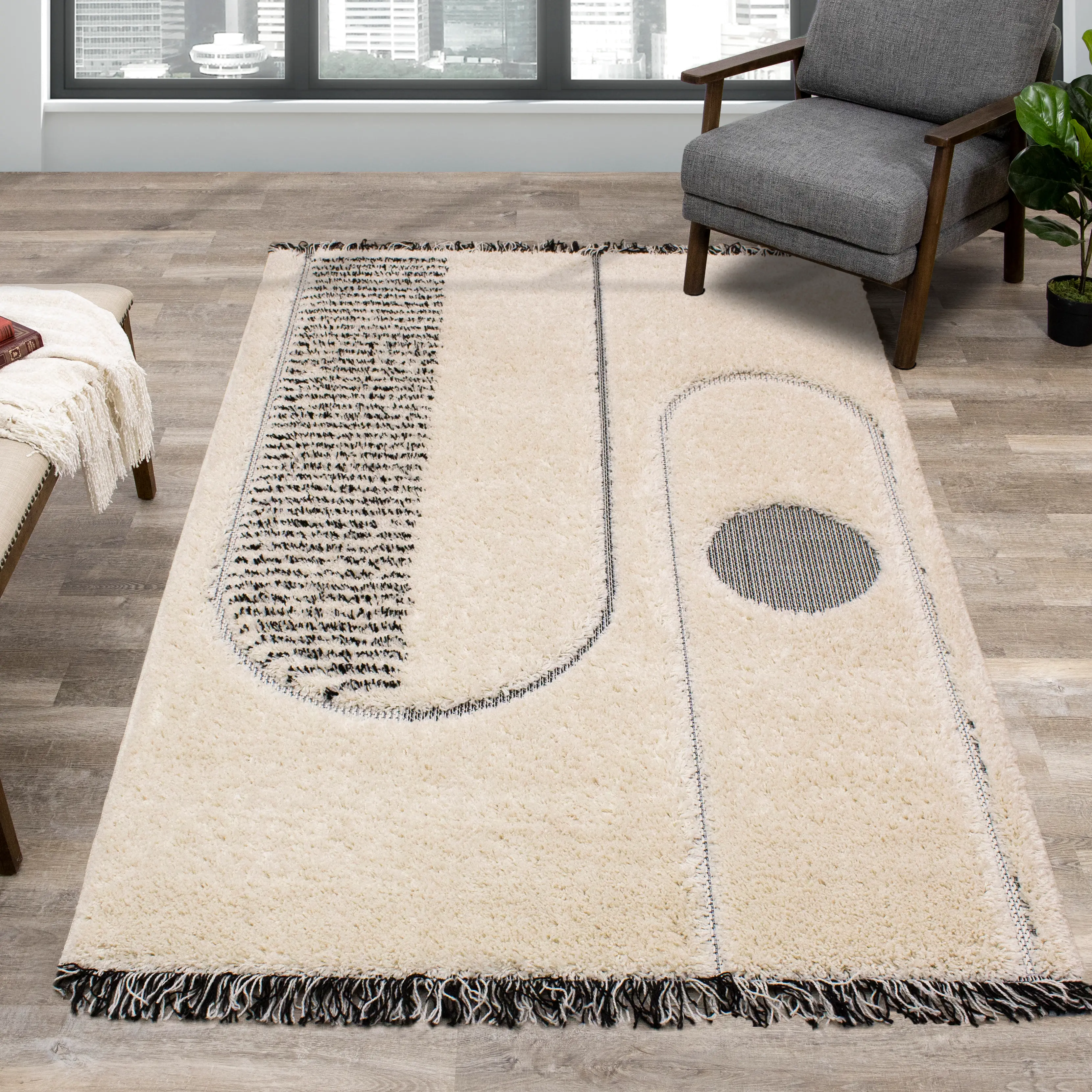 Novato Cream & Black 6 x 9 Geometric Area Rug-2