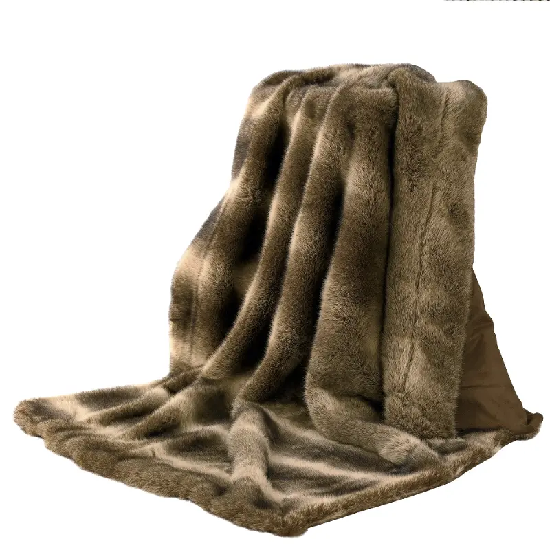 Brown Faux Wolf Fur Throw Blanket