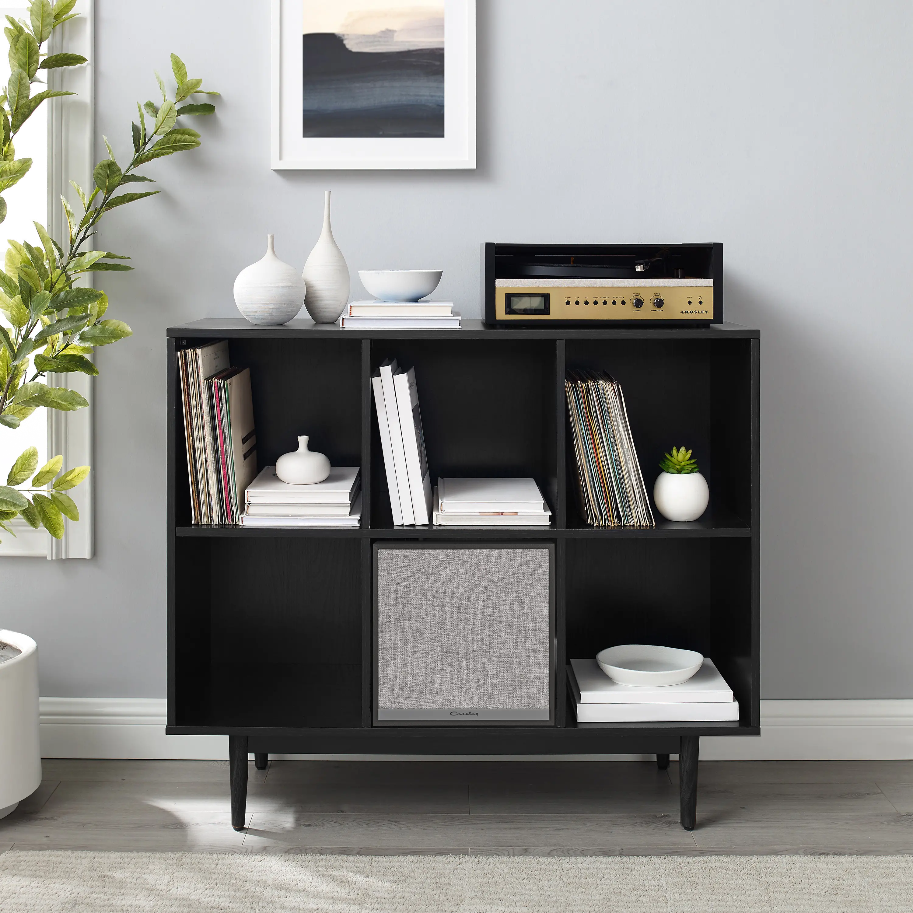 KF13120BK-BK Liam 6 Cube Black Record Storage Bookcase with Speaker-2