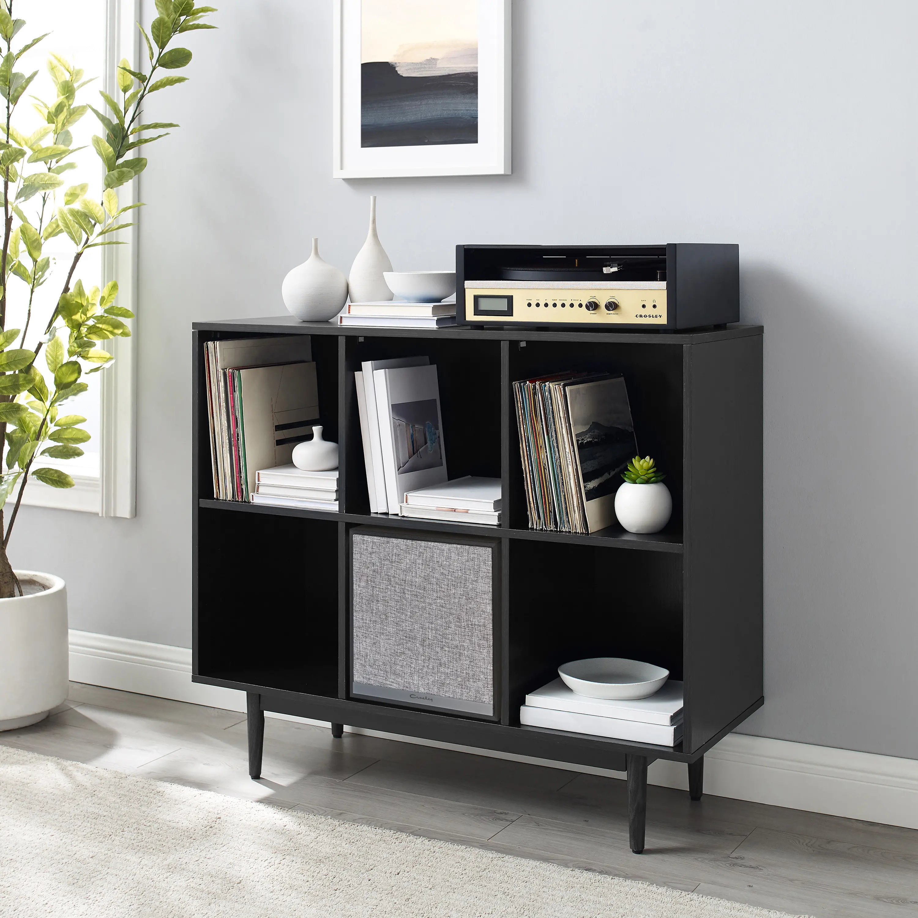 KF13120BK-BK Liam 6 Cube Black Record Storage Bookcase with Speaker-3