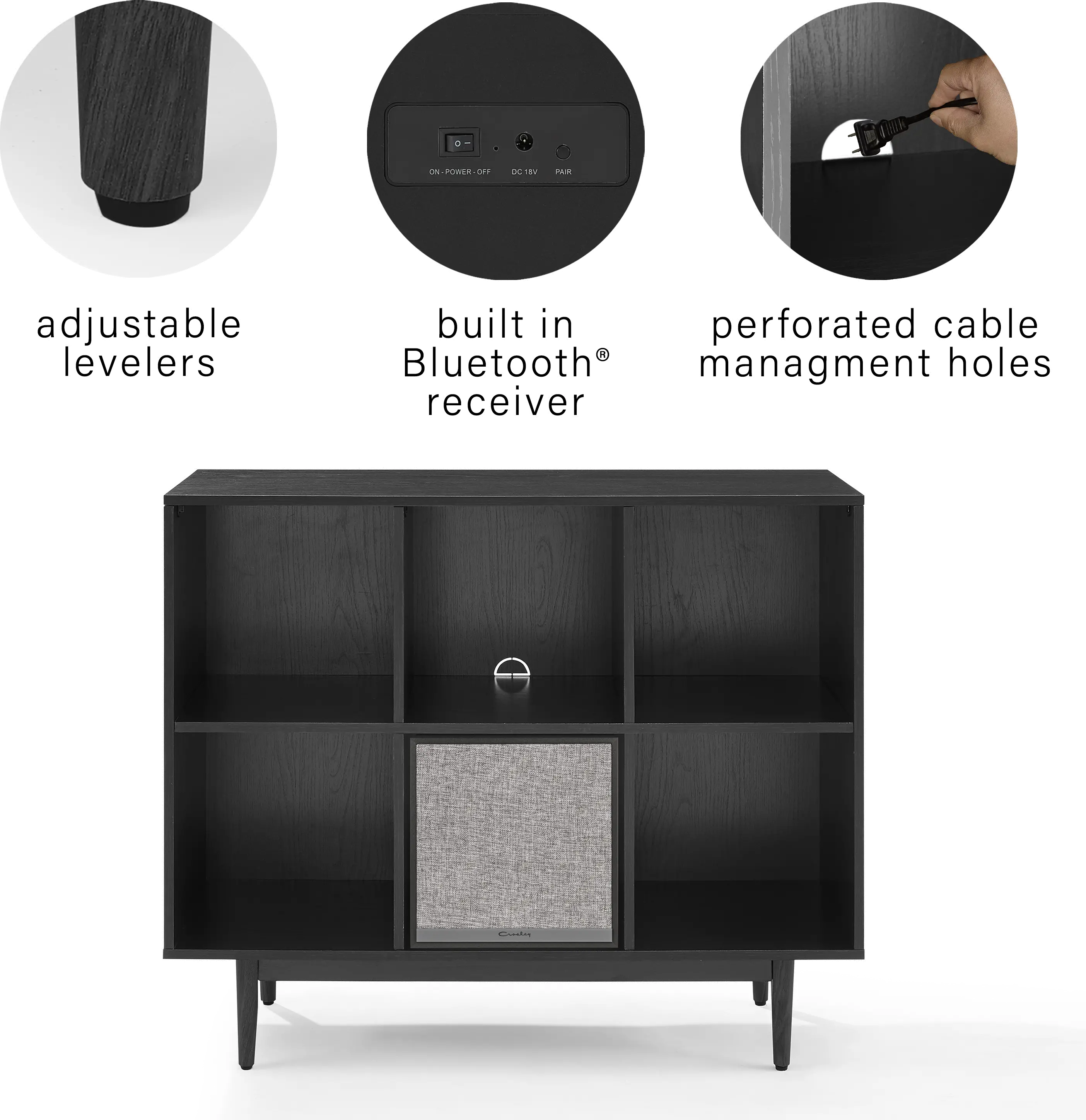 KF13120BK-BK Liam 6 Cube Black Record Storage Bookcase with Speaker-4
