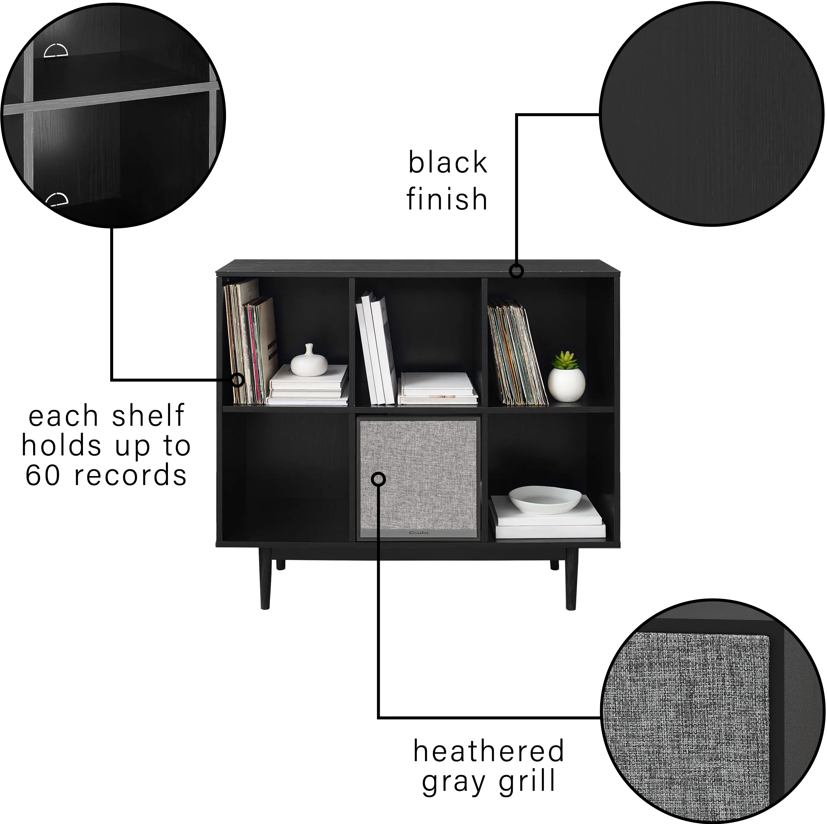 KF13120BK-BK Liam 6 Cube Black Record Storage Bookcase with Speaker-1