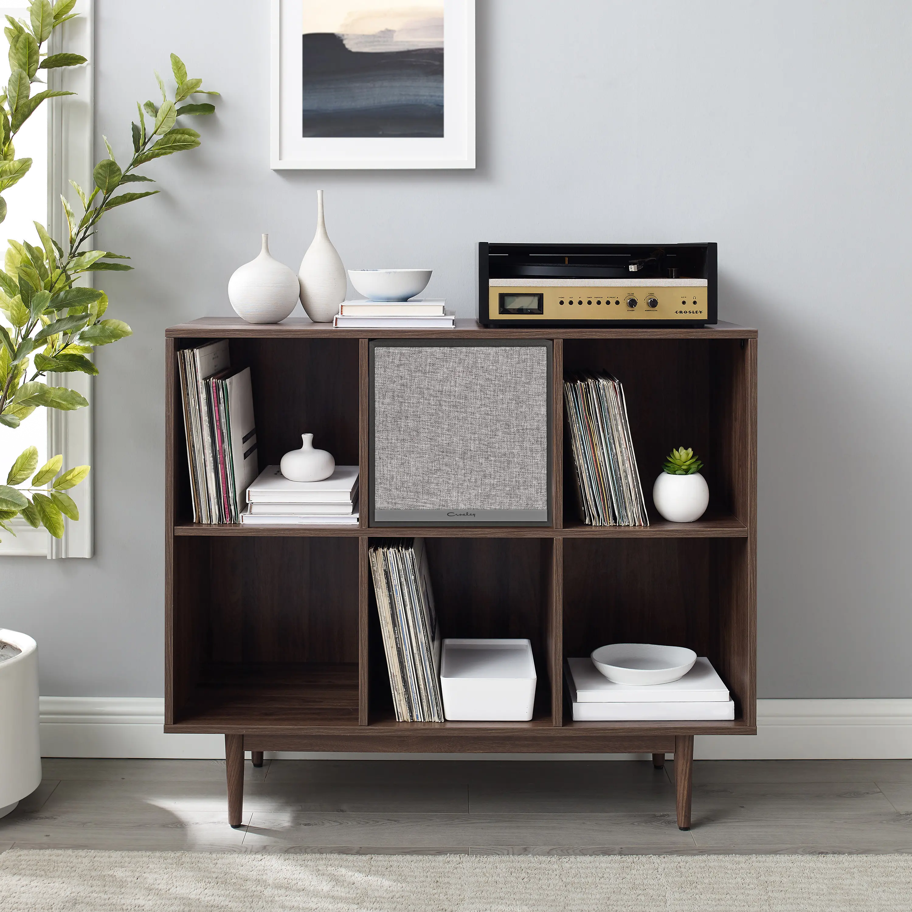 KF13120WA-BK Liam Walnut 6 Cube Record Storage Bookcase with Speaker-2